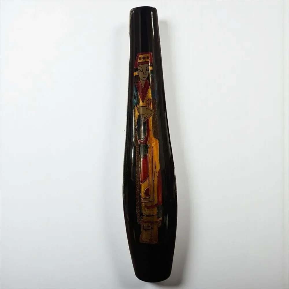 Vintage Japanese Gilded Gold Black Lacquer Tall Vase